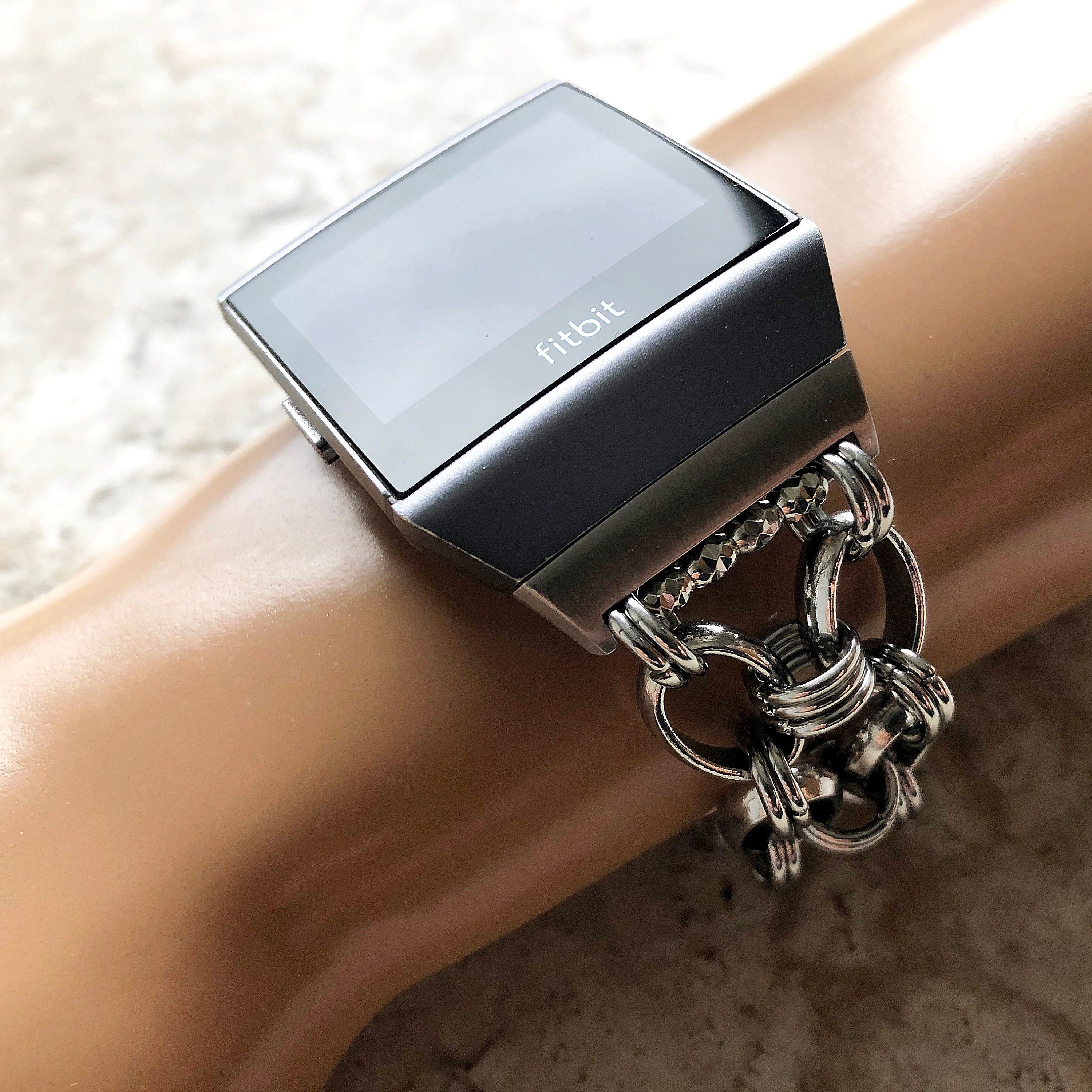 Fitbit Ionic Bracelet Concave Chain Links Stainless Steel Silver Color Fitness Tracker Smartwatch Band Tarnish Resistant Handmade Jewelry